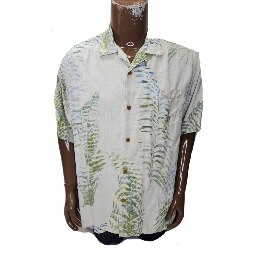 Tommy Bahama Mens Large Silk Tropical Palm Leaf Print Button Down Camp Shirt